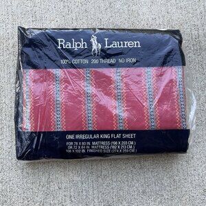NOS Vintage Ralph Lauren Red Stripe Irregular King Flat Sheet 78” X 80”